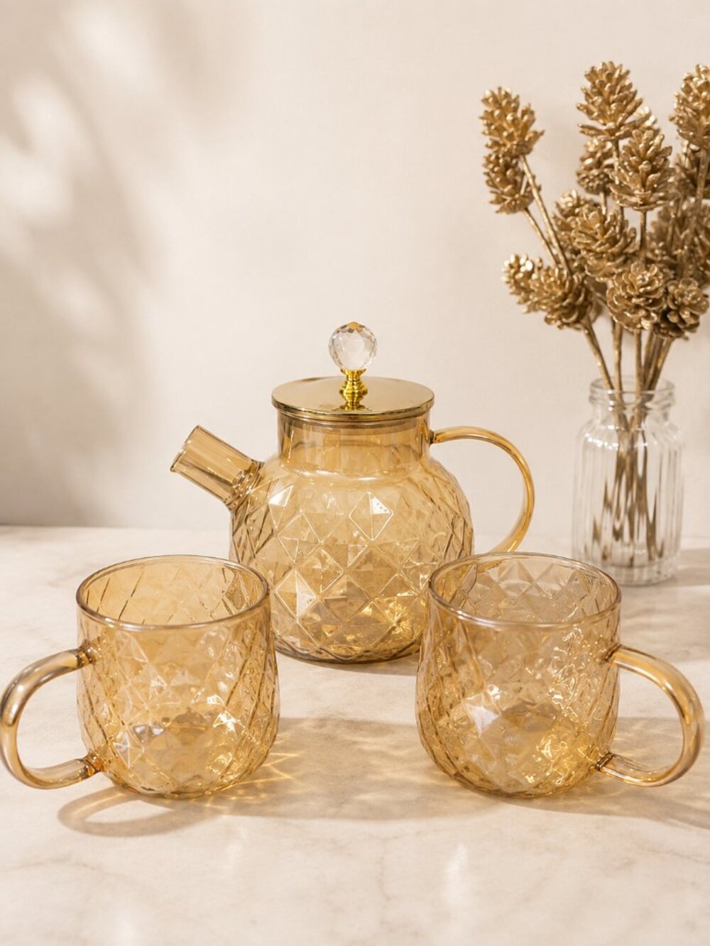 Harlequin Diamond Embossed Glass Teapot Set